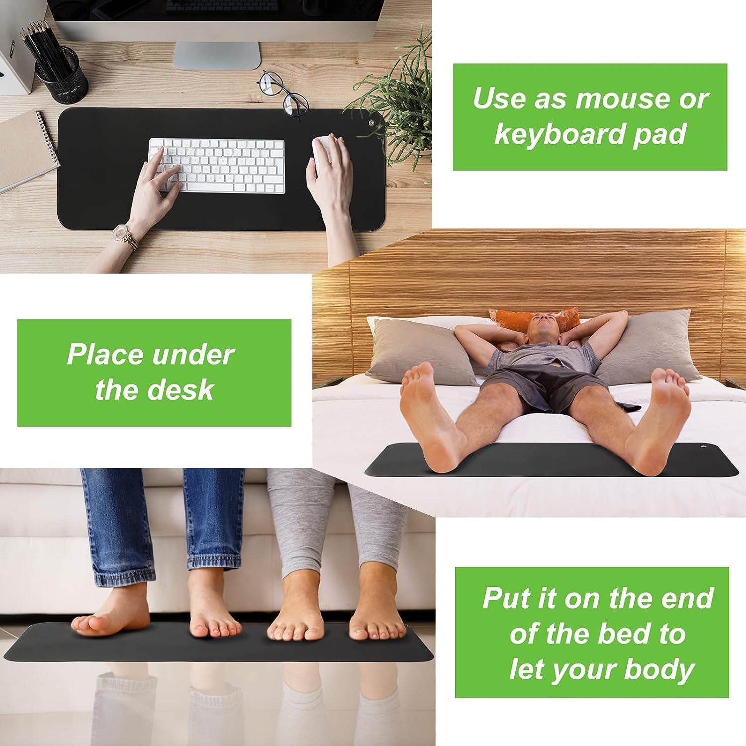 13" X 23.6" Grounding Mat Kit with 15Ft Grounding Cord, Black Anti-Slip Rectangular Mat for Health, Sleep, Pets